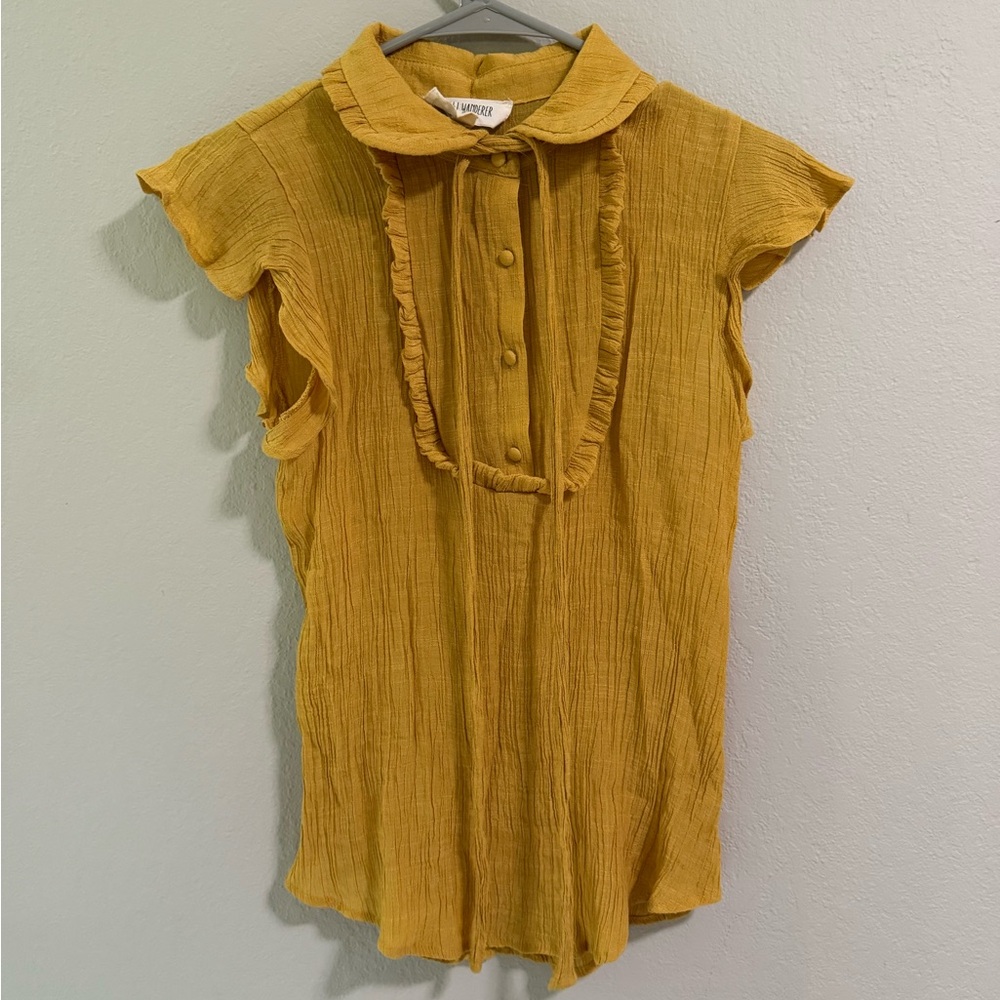 Sweet Wanderer Mustard Ruffle Button Blouse Women’s Size S